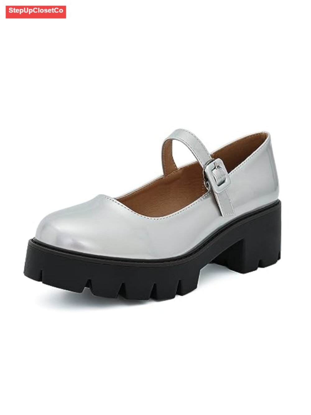 Women's Round Toe Ankle Strap Mary Janes Platform Low Heel Chunky Pumps PU